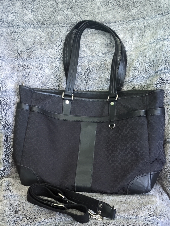 Coach Handbags - Vintage Coach Baby Bag - Black Signature Canvas Tote with Leather Trim